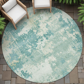 Piper Looms Chantille Abstract ACN2142 Teal Machine Washable Area Rug Round Outdoor Lifestyle Image Feature