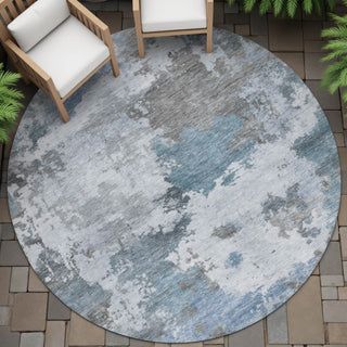 Piper Looms Chantille Abstract ACN2144 Blue Machine Washable Area Rug Round Outdoor Lifestyle Image Feature
