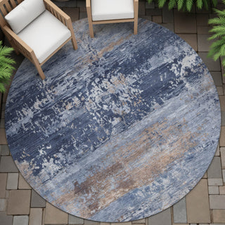Piper Looms Chantille Abstract ACN2146 Blue Machine Washable Area Rug Round Outdoor Lifestyle Image Feature