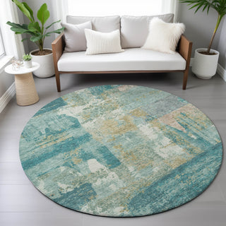 Piper Looms Chantille Abstract ACN2147 Teal Machine Washable Area Rug Round Lifestyle Image Feature