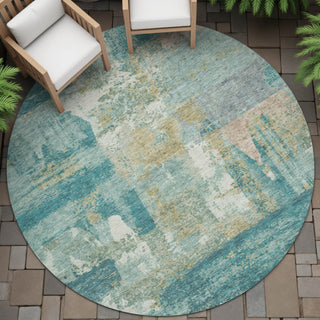 Piper Looms Chantille Abstract ACN2147 Teal Machine Washable Area Rug Round Outdoor Lifestyle Image Feature