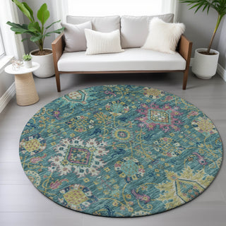 Piper Looms Chantille Medallions ACN2151 Teal Machine Washable Area Rug Round Lifestyle Image Feature