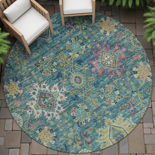 Piper Looms Chantille Medallions ACN2151 Teal Machine Washable Area Rug Round Outdoor Lifestyle Image Feature