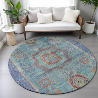Piper Looms Chantille Global ACN2159 Teal Machine Washable Area Rug Round Lifestyle Image Feature