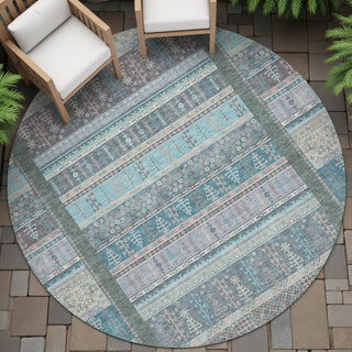 Piper Looms Chantille Stripes ACN2160 Teal Machine Washable Area Rug Round Outdoor Lifestyle Image Feature