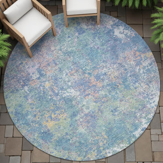 Piper Looms Chantille Abstract ACN2166 Aqua Machine Washable Area Rug Round Outdoor Lifestyle Image Feature