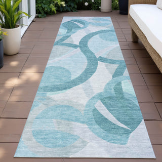Piper Looms Chantille Geometric ACN2168 Teal Machine Washable Area Rug Runner Outdoor Lifestyle Image Feature