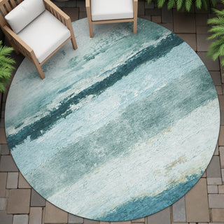 Piper Looms Chantille Stripes ACN2169 Teal Machine Washable Area Rug Round Outdoor Lifestyle Image Feature