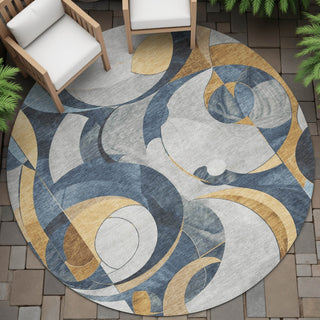 Piper Looms Chantille Geometric ACN2175 Blue Machine Washable Area Rug Round Outdoor Lifestyle Image Feature