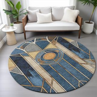 Piper Looms Chantille Geometric ACN2176 Blue Machine Washable Area Rug Round Lifestyle Image Feature