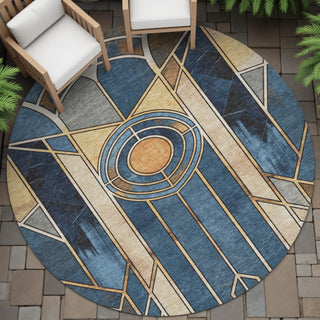 Piper Looms Chantille Geometric ACN2176 Blue Machine Washable Area Rug Round Outdoor Lifestyle Image Feature