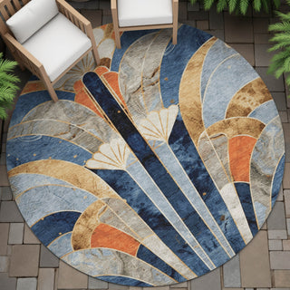 Piper Looms Chantille Geometric ACN2177 Navy Machine Washable Area Rug Round Outdoor Lifestyle Image Feature