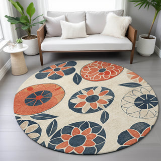 Piper Looms Chantille Floral ACN2179 Beige Machine Washable Area Rug Round Lifestyle Image Feature