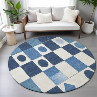 Piper Looms Chantille Geometric ACN2181 Blue Machine Washable Area Rug Round Lifestyle Image Feature