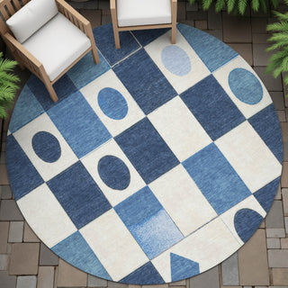 Piper Looms Chantille Geometric ACN2181 Blue Machine Washable Area Rug Round Outdoor Lifestyle Image Feature
