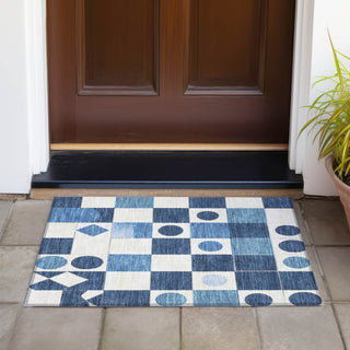 Piper Looms Chantille Geometric ACN2181 Blue Machine Washable Area Rug Scatter Outdoor Lifestyle Image Feature