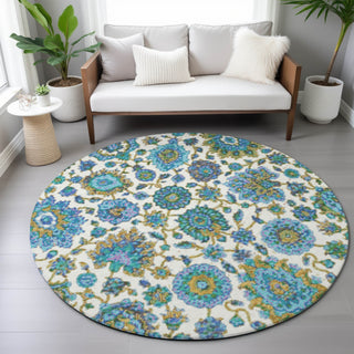 Piper Looms Chantille Global ACN2187 Aqua Machine Washable Area Rug Round Lifestyle Image Feature