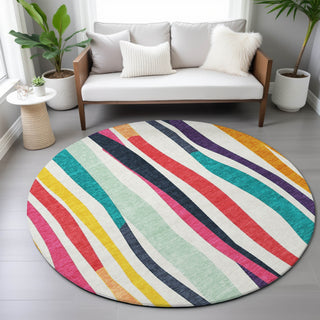 Piper Looms Chantille Stripes ACN2188 Ivory Machine Washable Area Rug Round Lifestyle Image Feature