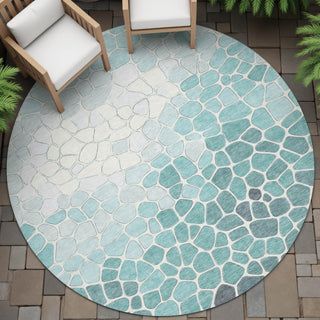 Piper Looms Chantille Geometric ACN2190 Teal Machine Washable Area Rug Round Outdoor Lifestyle Image Feature