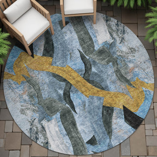 Piper Looms Chantille Abstract ACN2191 Denim Machine Washable Area Rug Round Outdoor Lifestyle Image Feature