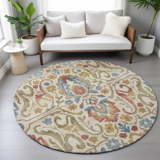 Piper Looms Chantille Floral ACN2193 Beige Machine Washable Area Rug Round Lifestyle Image Feature