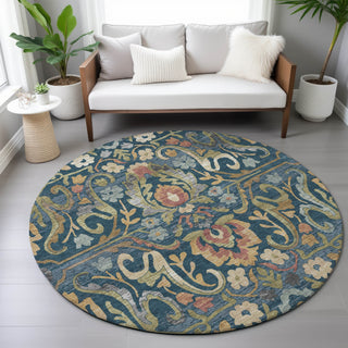 Piper Looms Chantille Floral ACN2193 Navy Machine Washable Area Rug Round Lifestyle Image Feature