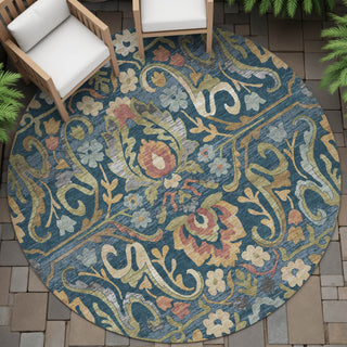 Piper Looms Chantille Floral ACN2193 Navy Machine Washable Area Rug Round Outdoor Lifestyle Image Feature