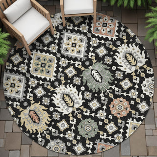Piper Looms Chantille Bohemian ACN2200 Black Machine Washable Area Rug Round Outdoor Lifestyle Image Feature