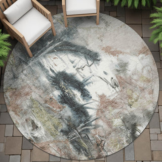 Piper Looms Chantille Abstract ACN2202 Taupe Machine Washable Area Rug Round Outdoor Lifestyle Image Feature