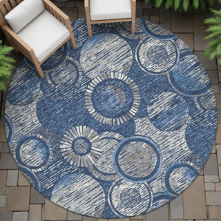 Piper Looms Chantille Geometric ACN2206 Navy Machine Washable Area Rug Round Outdoor Lifestyle Image Feature