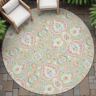 Piper Looms Chantille Bohemian ACN2207 Aloe Machine Washable Area Rug Round Outdoor Lifestyle Image Feature