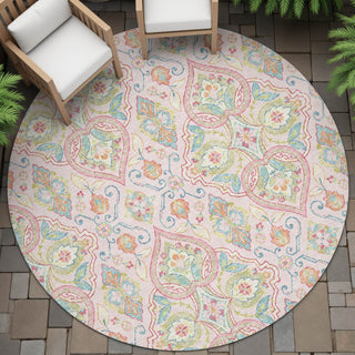 Piper Looms Chantille Bohemian ACN2207 Pink Machine Washable Area Rug Round Outdoor Lifestyle Image Feature