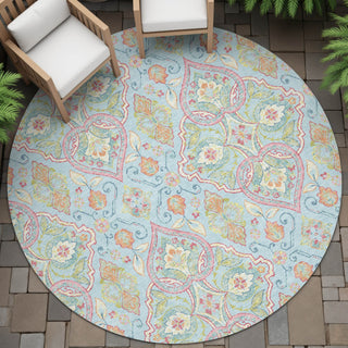 Piper Looms Chantille Bohemian ACN2207 Sky Machine Washable Area Rug Round Outdoor Lifestyle Image Feature