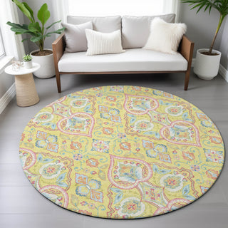 Piper Looms Chantille Bohemian ACN2207 Yellow Machine Washable Area Rug Round Lifestyle Image Feature