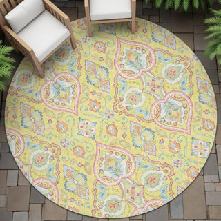 Piper Looms Chantille Bohemian ACN2207 Yellow Machine Washable Area Rug Round Outdoor Lifestyle Image Feature