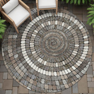 Piper Looms Chantille Geometric ACN2216 Brown Machine Washable Area Rug Round Outdoor Lifestyle Image Feature