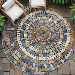 Piper Looms Chantille Geometric ACN2216 Denim Machine Washable Area Rug Round Outdoor Lifestyle Image Feature