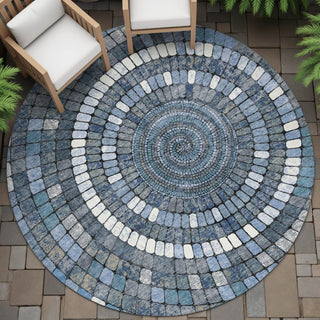 Piper Looms Chantille Geometric ACN2216 Navy Machine Washable Area Rug Round Outdoor Lifestyle Image Feature