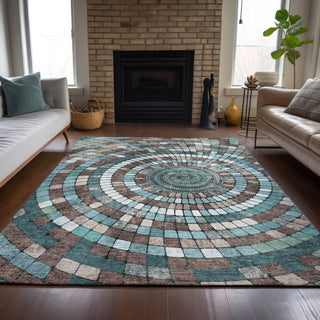 Piper Looms Chantille Geometric ACN2216 Teal Machine Washable Area Rug Lifestyle Image Feature