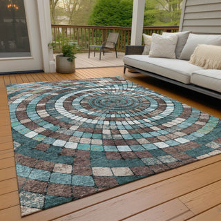 Piper Looms Chantille Geometric ACN2216 Teal Machine Washable Area Rug Outdoor Lifestyle Image Feature