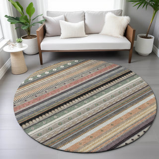 Piper Looms Chantille Stripes ACN2218 Khaki Machine Washable Area Rug Round Lifestyle Image Feature