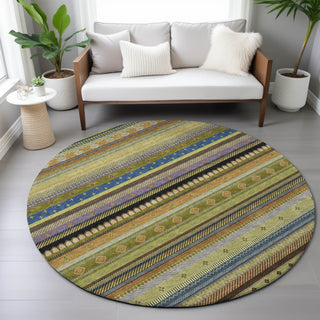 Piper Looms Chantille Stripes ACN2218 Olive Machine Washable Area Rug Round Lifestyle Image Feature