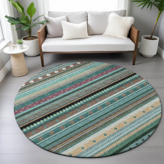 Piper Looms Chantille Stripes ACN2218 Teal Machine Washable Area Rug Round Lifestyle Image Feature