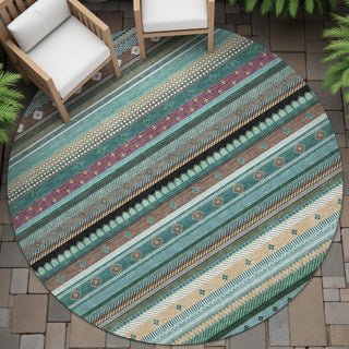 Piper Looms Chantille Stripes ACN2218 Teal Machine Washable Area Rug Round Outdoor Lifestyle Image Feature