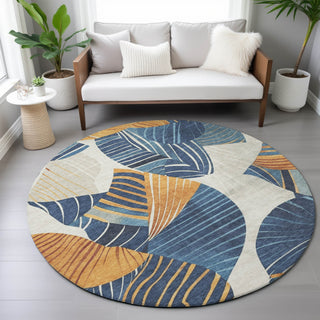 Piper Looms Chantille Floral ACN2220 Navy Machine Washable Area Rug Round Lifestyle Image Feature