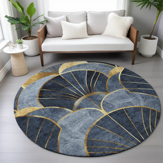Piper Looms Chantille Floral ACN2221 Navy Machine Washable Area Rug Round Lifestyle Image Feature