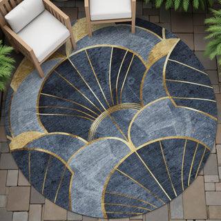 Piper Looms Chantille Floral ACN2221 Navy Machine Washable Area Rug Round Outdoor Lifestyle Image Feature