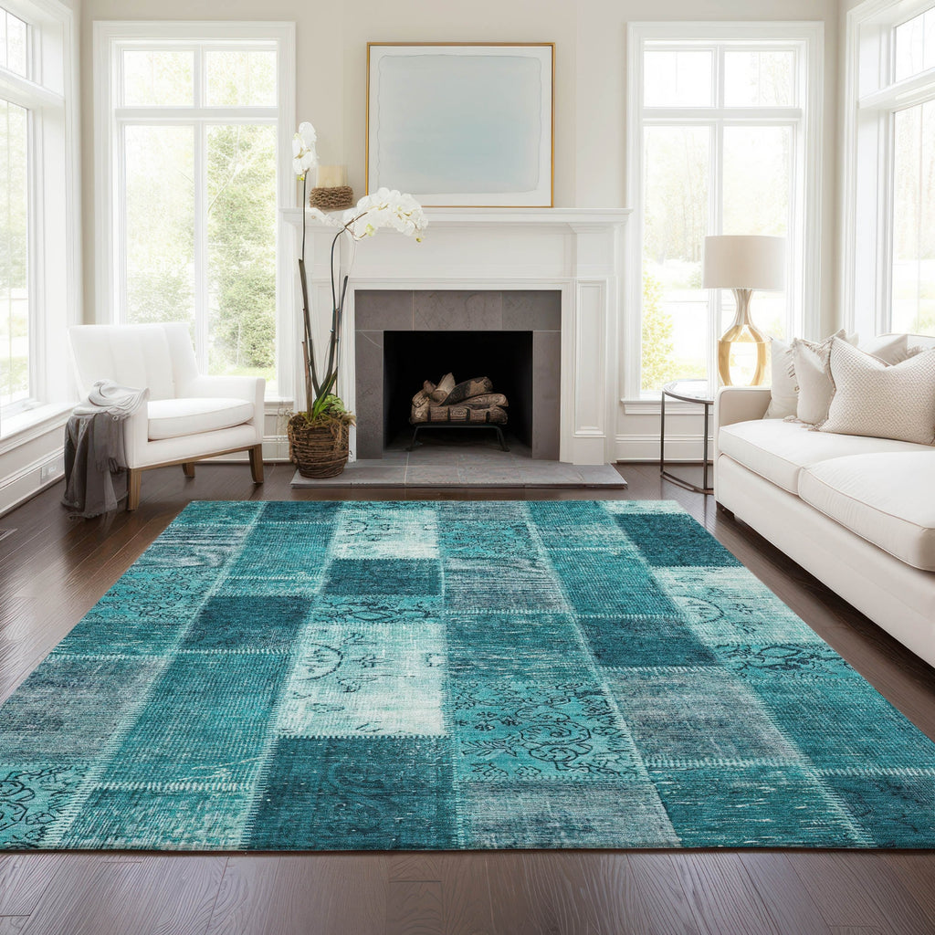 Piper Looms Chantille Patchwork ACN631 Teal Area Rug Lifestyle Image Feature
