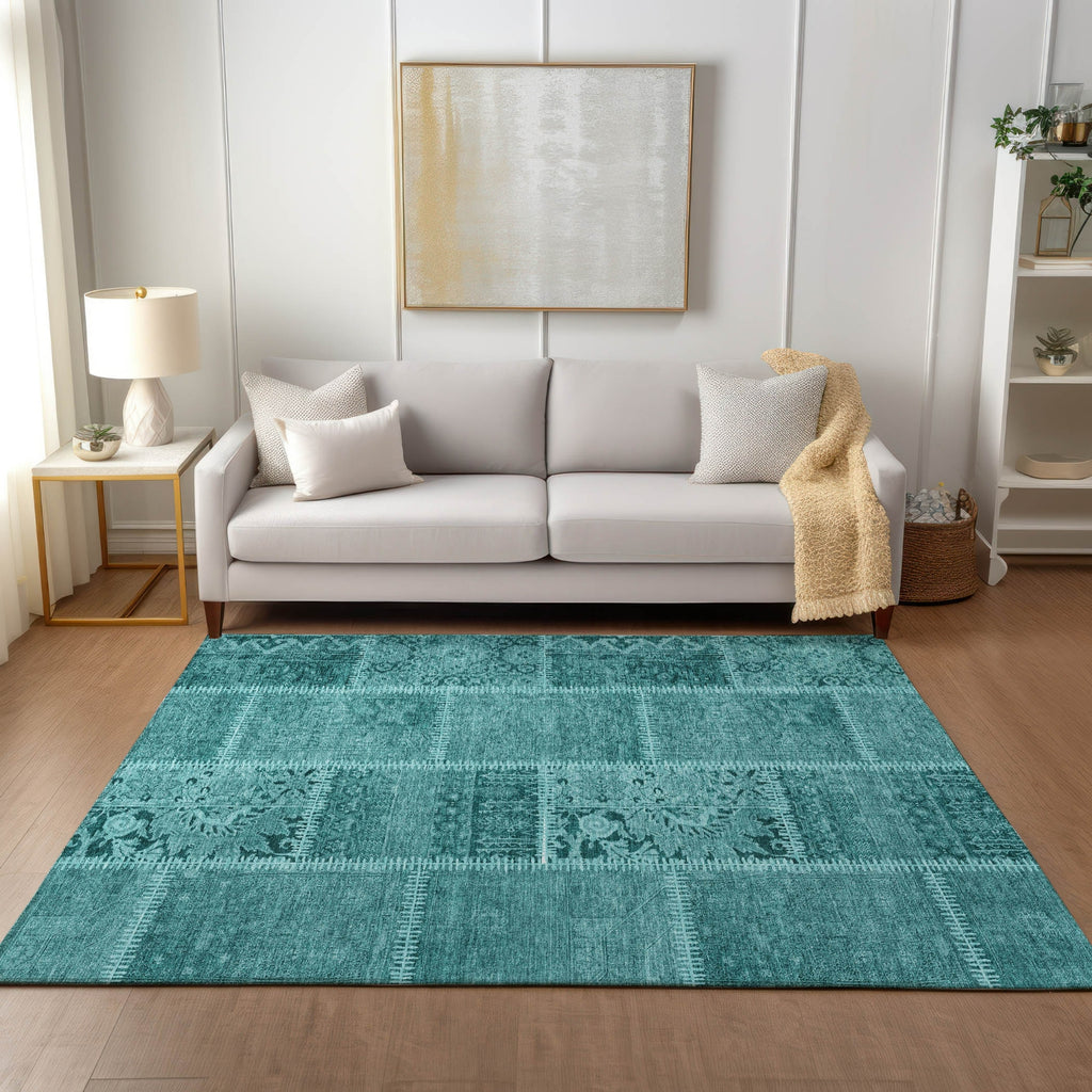 Piper Looms Chantille Patchwork ACN635 Turquoise Area Rug Lifestyle Image Feature