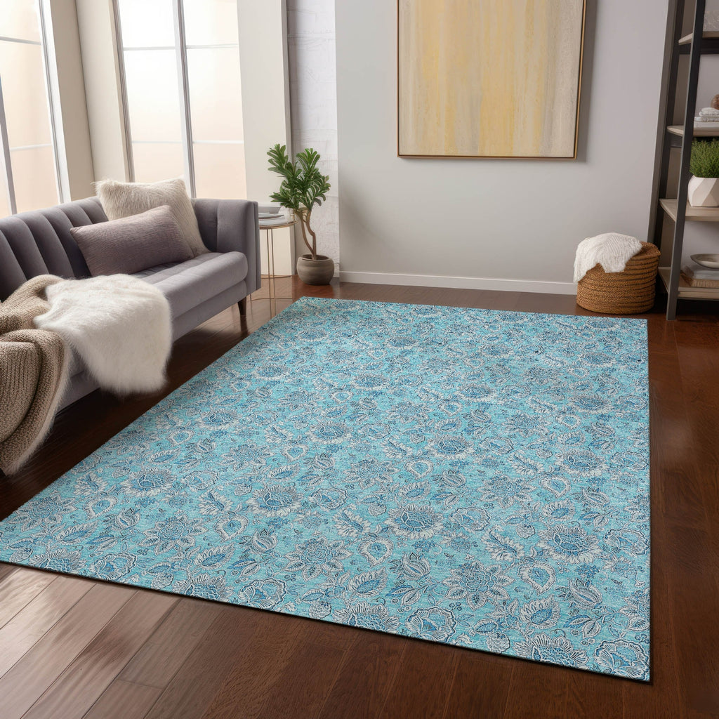 Piper Looms Chantille Floral ACN662 Aqua Area Rug Lifestyle Image Feature
